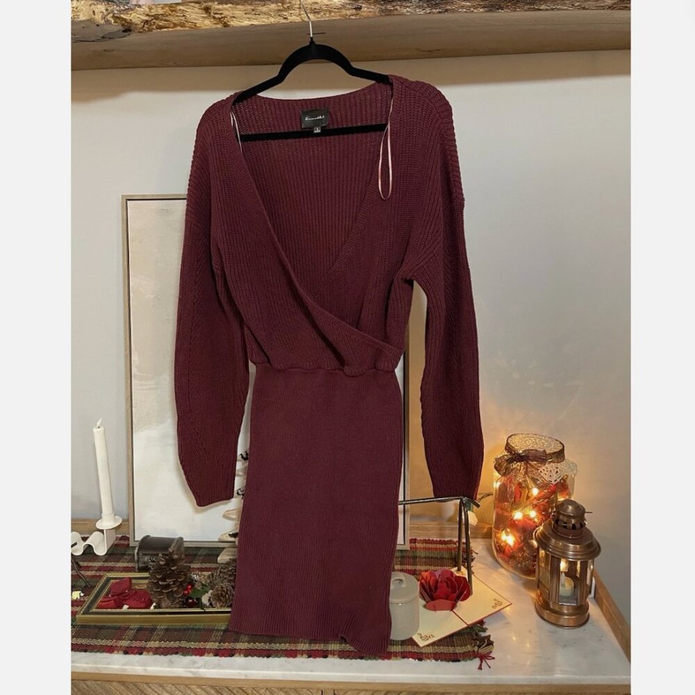Maroon Wine Lineanddot Women’s Knit Mini Dress Size Small Long Sleeve V Neck